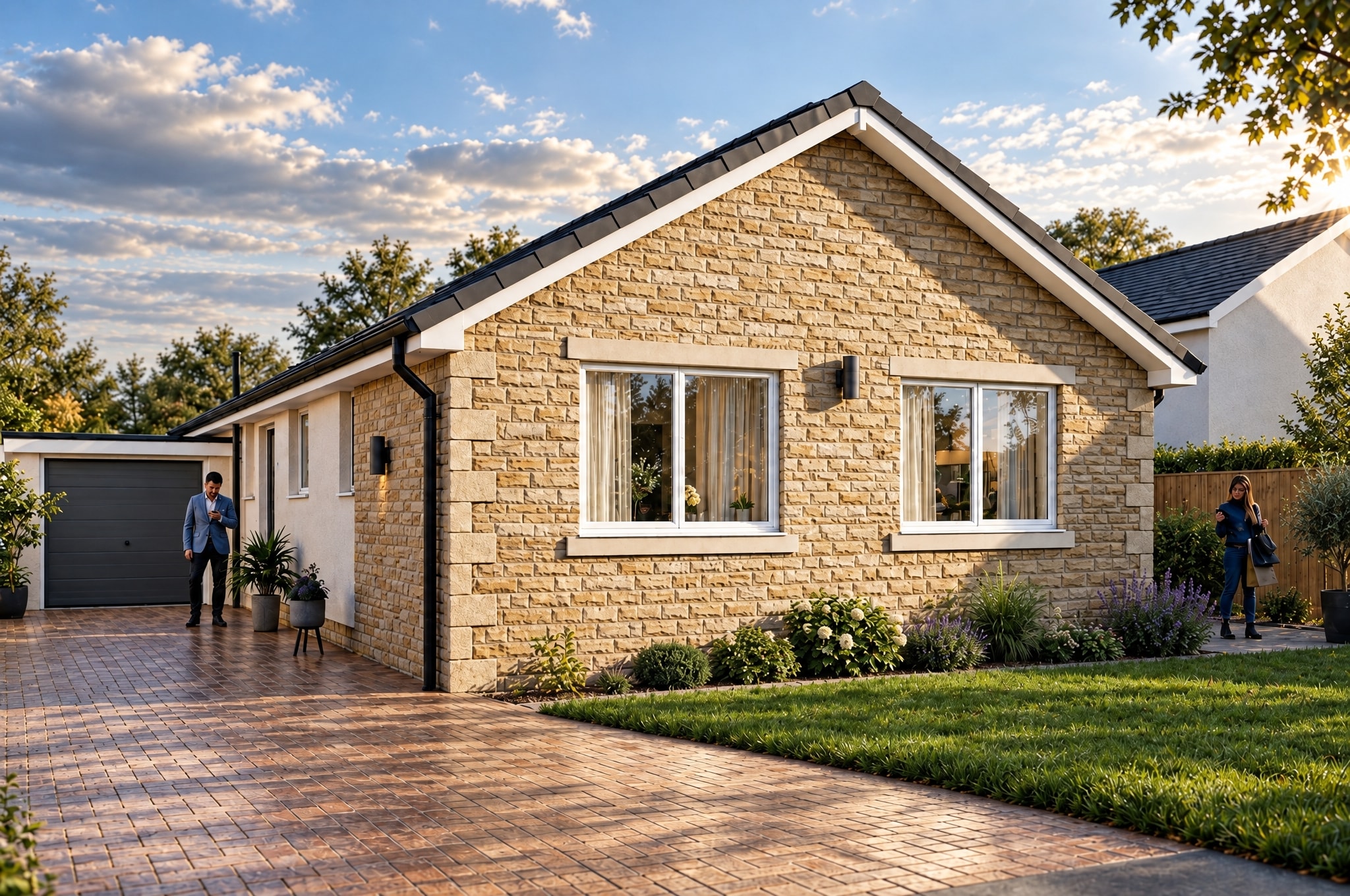Stone bungalow with block-paved driveway and landscaping — residential project in West Yorkshire