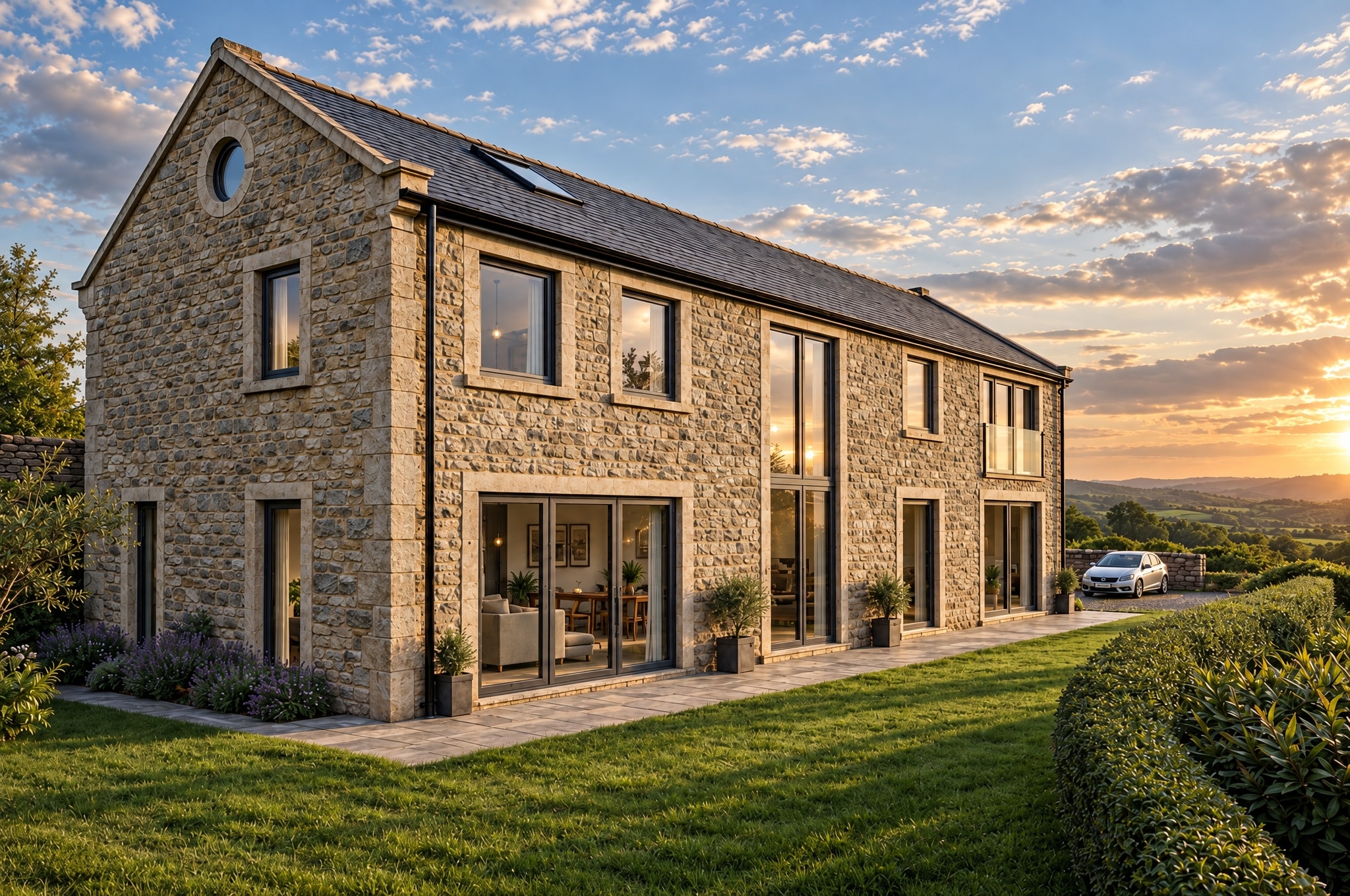 Stone farmhouse with large glazed extensions and countryside views — residential project in West Yorkshire